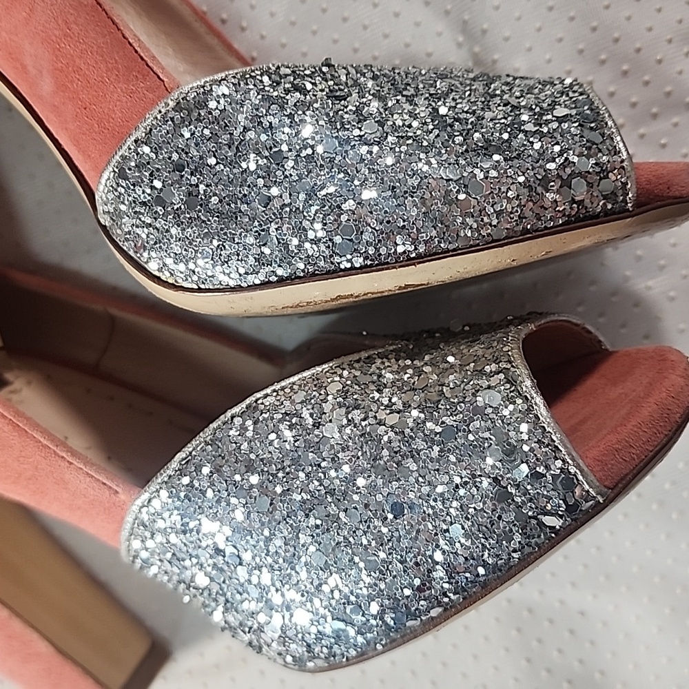 Miu Miu Silver Coral Coarse Glittery and Suede Peep Toe Pumps Heels. 37 - Picture 13 of 13